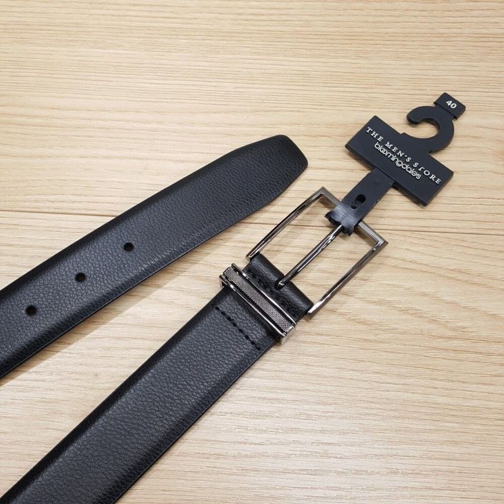 BLOOMINGDALES Belt Mens Size 40 Black Pebbled Grain Leather Silver Buckle